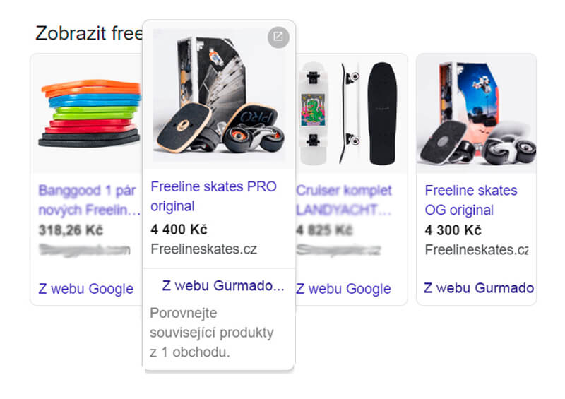 Ukázka produktových reklam ve výsledcích Google Nákupů od Gurmado